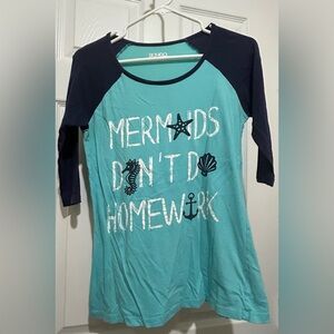 BONGO Mermaids Don’t Do Homework Teal and Navy Mermaid 3/4 Sleeve Tee